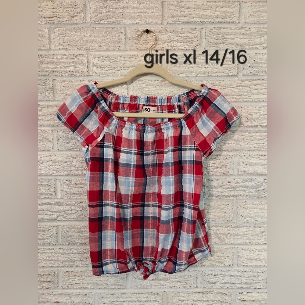 SO GIRLS XL Red and Blue Plaid Top With Front Bottom Tie